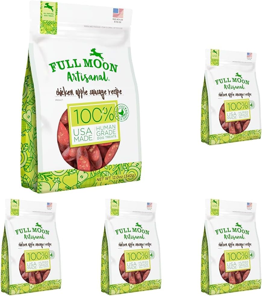 Happy dog enjoying Full Moon artisanal chicken apple sausage
