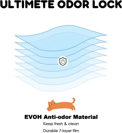 Tapered bottom design illustration showing convenient litter disposal bag structure.