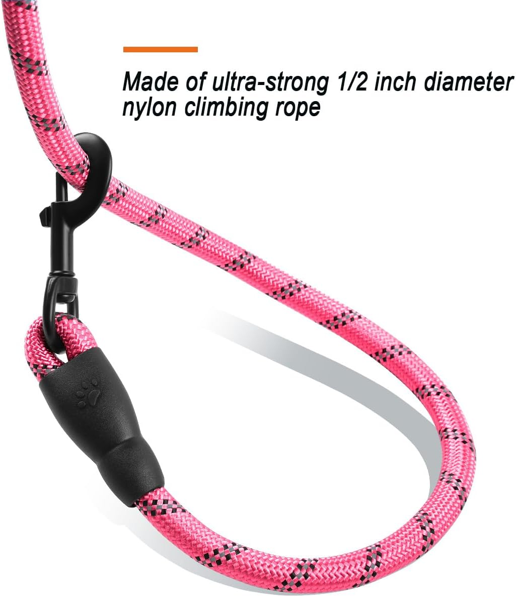 BARKBAY pink dog leash reflective threads glowing in low light