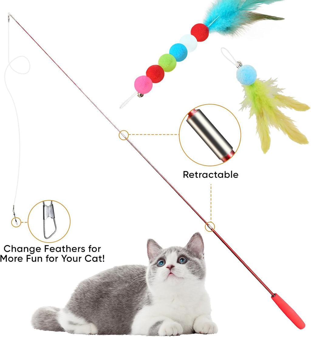 Close up of YULOYI cat teaser wand handle and colorful feather attachments with small bells