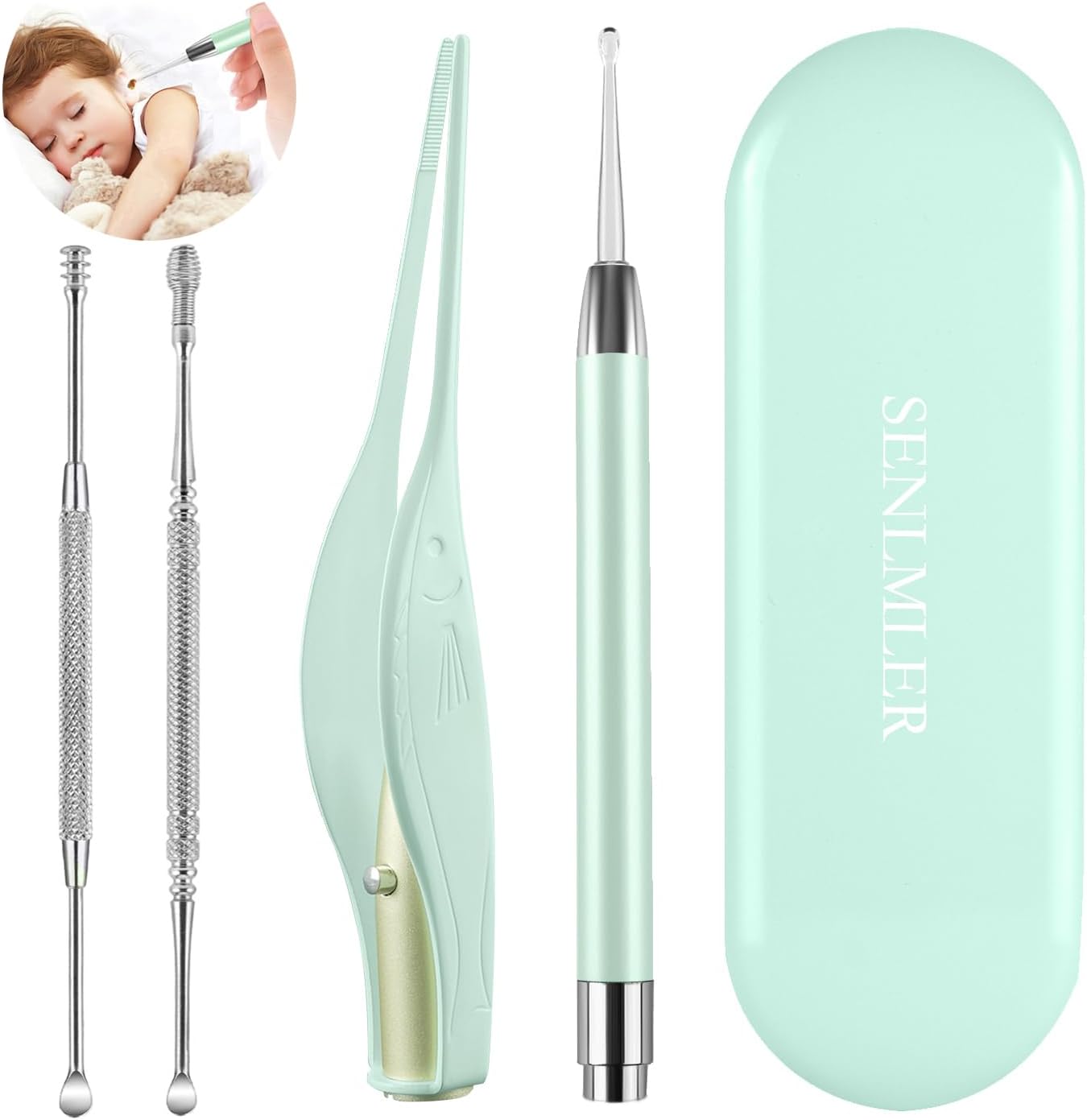 Senlmler 4 Pack Ear Wax Removal Tool Kit front view with green storage case.