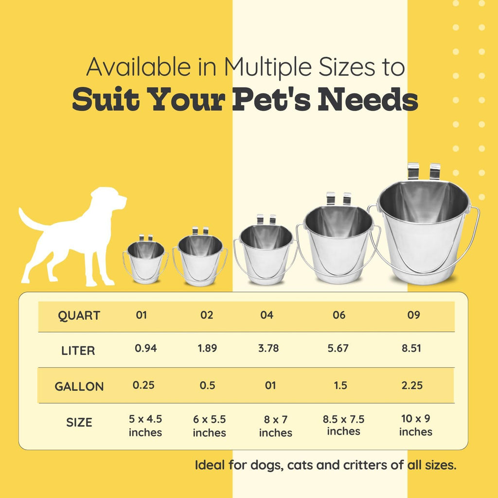 Stainless Steel Flat Side Bucket with Dual Hooks 2 Quart (0.5Gallon)- Heavy Duty Hanging Dog Water & Food Bowl Kennel, Cage & Crate, Durable Pet Pail for Dogs, Cats, Birds & Small Animals - Image 9