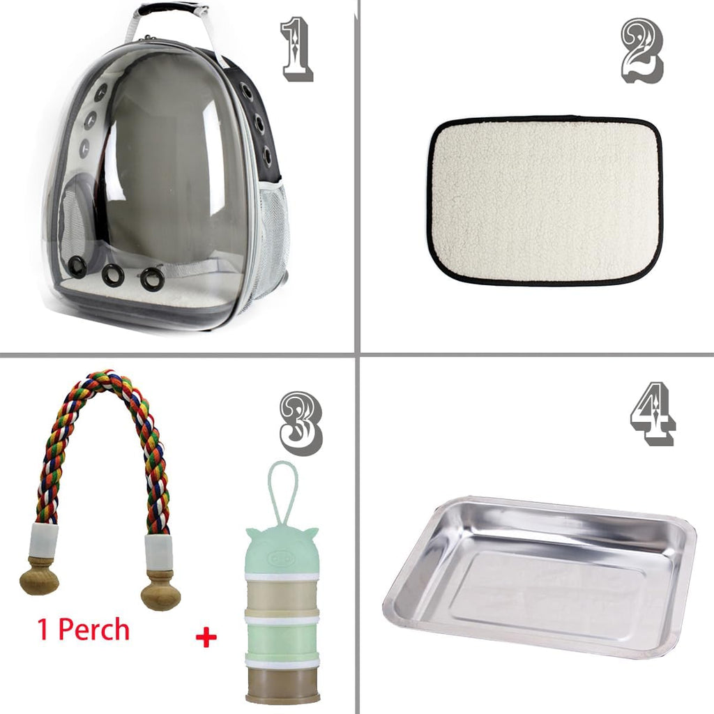 Clear space capsule bird cage showing stainless steel bottom tray