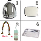 Clear space capsule bird cage showing stainless steel bottom tray