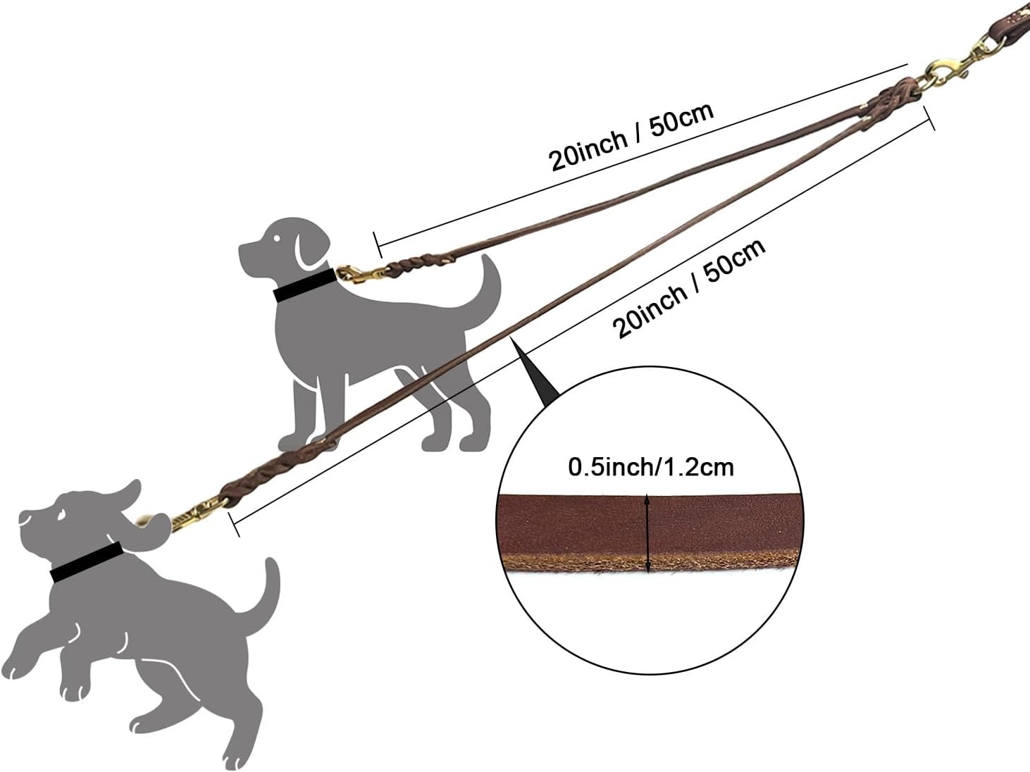 Authentic leather dual dog leash with rust resistant brass carabiners for two pets