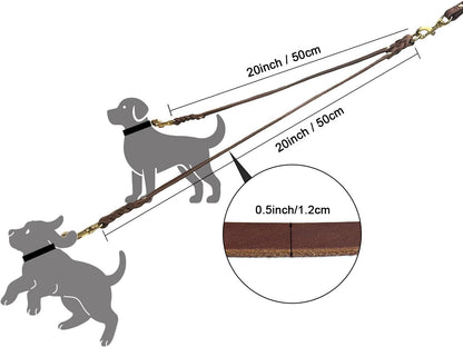 Authentic leather dual dog leash with rust resistant brass carabiners for two pets