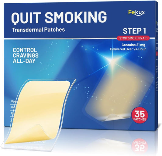 Fekux Nicotine Patches 21mg Step 1 packaging front view showcasing stop smoking aid benefits
