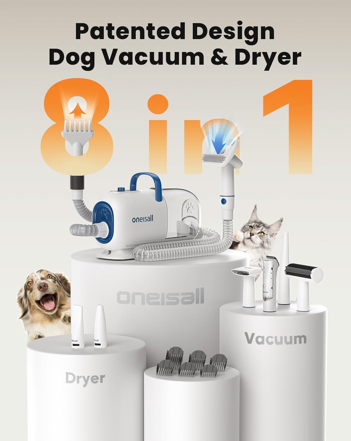 Oneisall pet hair grooming vacuum machine showing the transparent dust canister and flexible hose