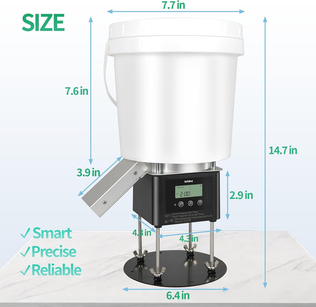 Briidea smart fish feeder highlighting four litre large capacity storage bucket