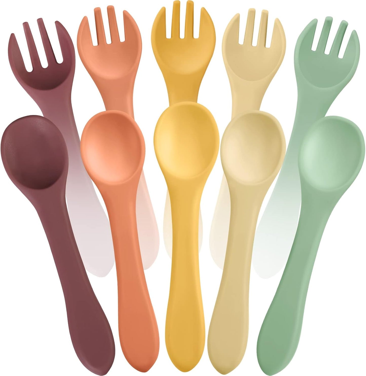 Nuenen baby led weaning spoons and forks set front view of ten piece classic colors feeding utensils