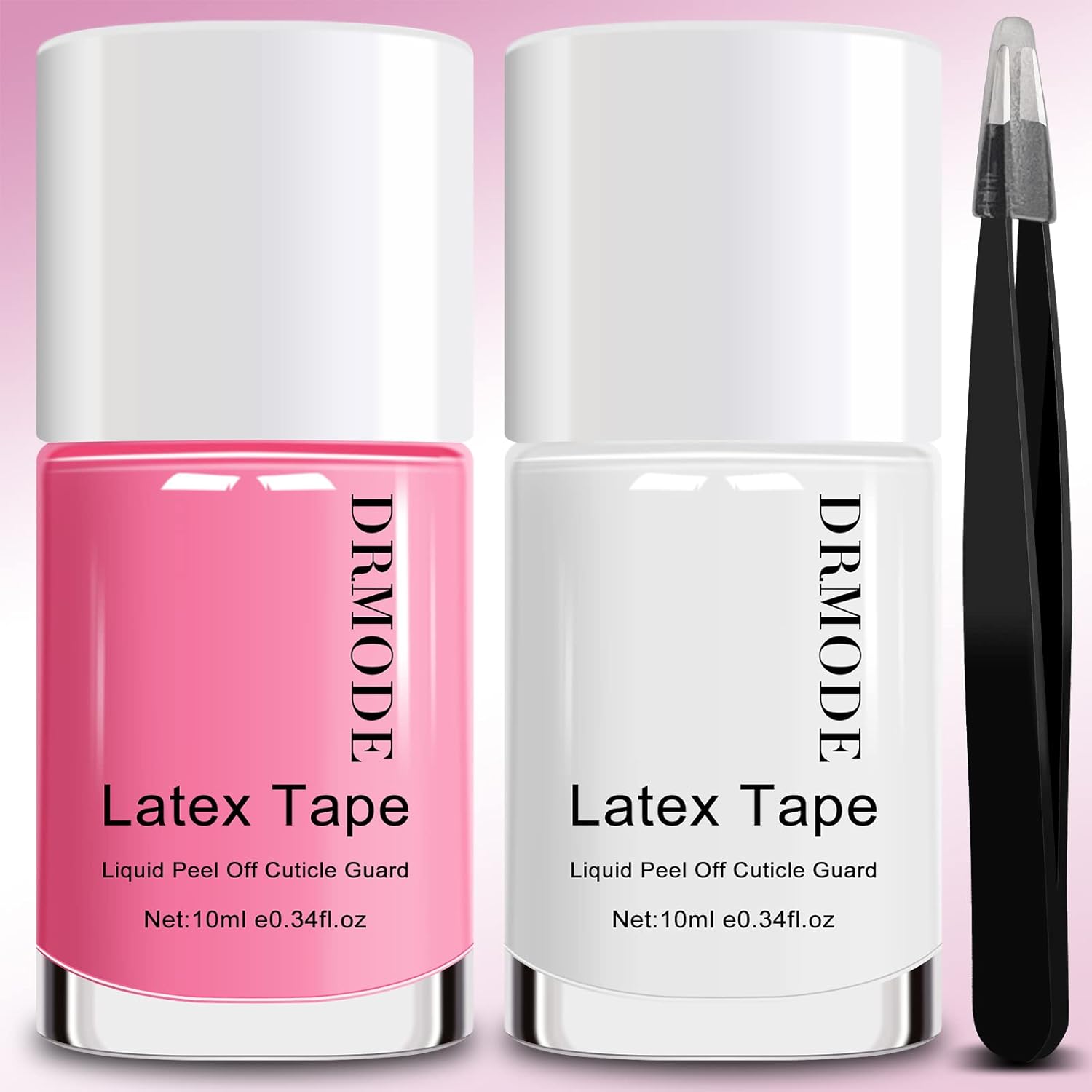 DRMODE liquid latex for nails pink and white bottles front view with tweezers