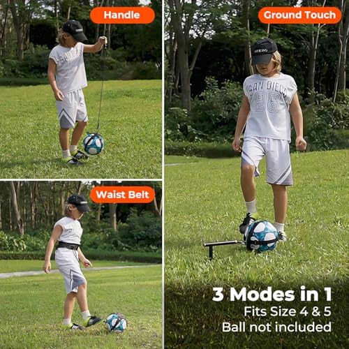 Close up view of the Xerceo durable neoprene ball harness securely holding a standard size five soccer ball.