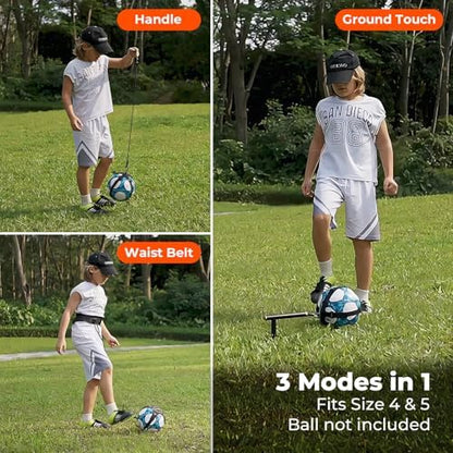 Close up view of the Xerceo durable neoprene ball harness securely holding a standard size five soccer ball.