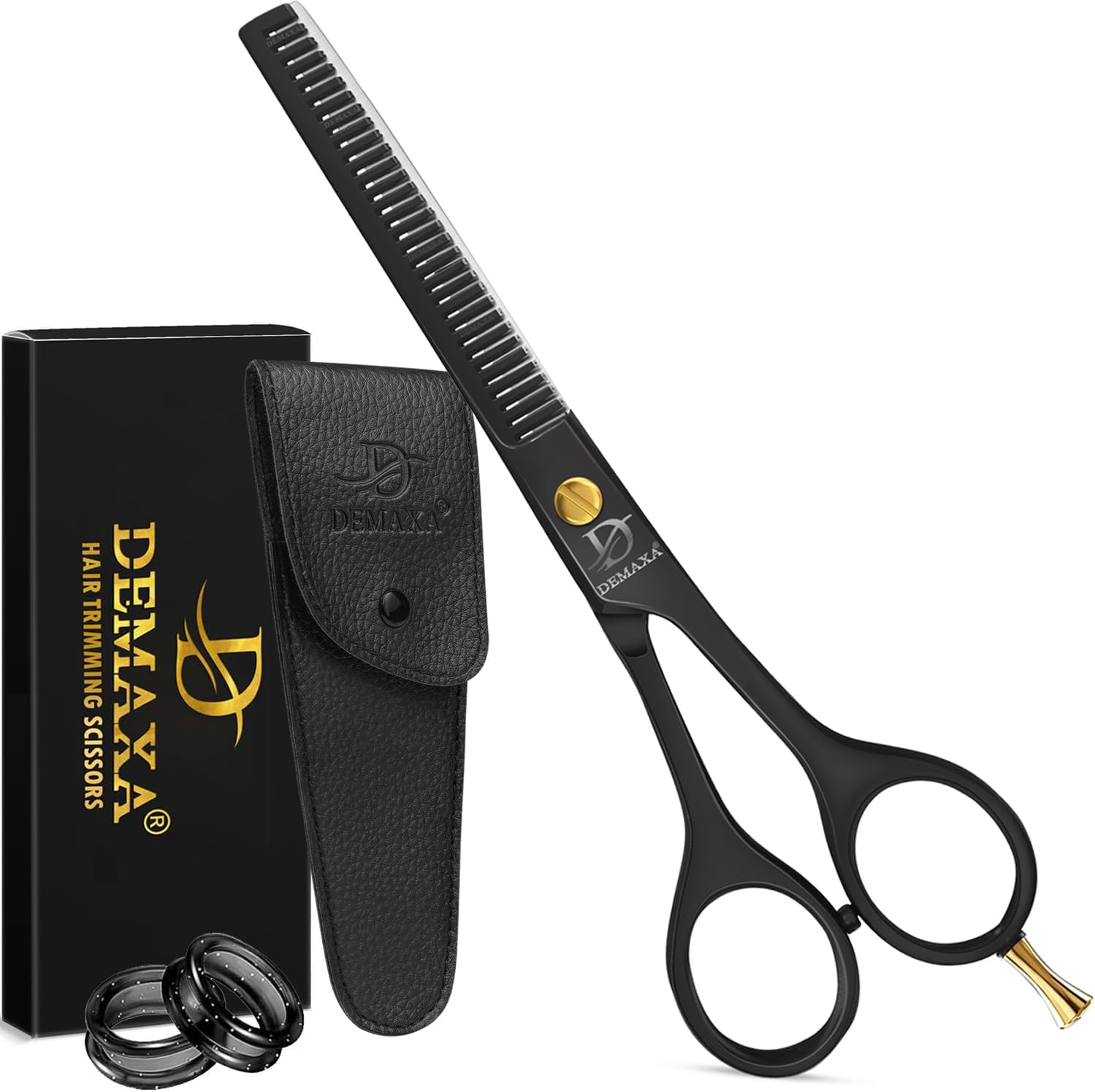 DEMAXA hair thinning shears front view showing black high carbon stainless steel blades.