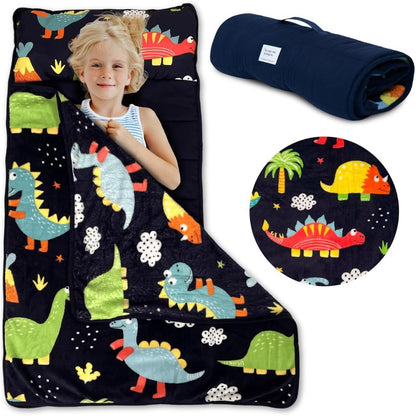 Klevly Dinosaur Toddler Nap Mat with Pillow front view unrolled showing the colorful prehistoric pattern
