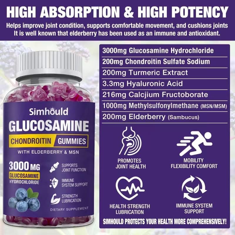 2 Packs Glucosamine Chondroitin Gummies - 3000MG Extra Strength Joint Support Supplement with MSM & Elderberry, Flexibility, Antioxidant Immune Support Gummy for Adults, Men & Women - Image 3