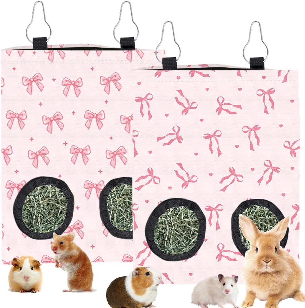 2Pcs 2 Styles Small Pet Hanging Hay Bag Pink Hay Feeder Bag with 2 Holes Bowknot Pattern Cloth Washable Rectangle Feeding Storage for Rabbit Chinchillas Hamsters Guinea Pigs 12 x 9 Inch - Image 1