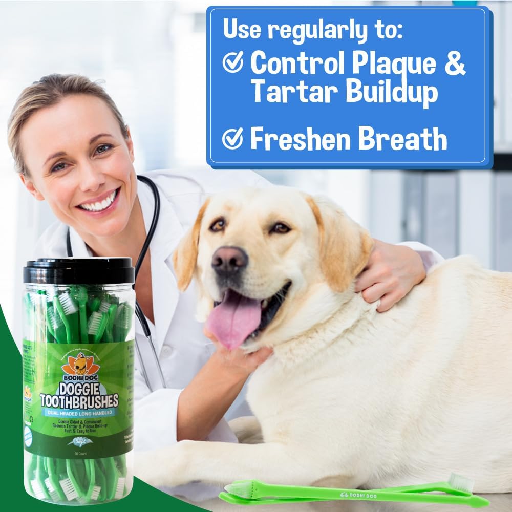 Bodhi Dog pet toothbrush demonstrating the large and small dual brush heads.