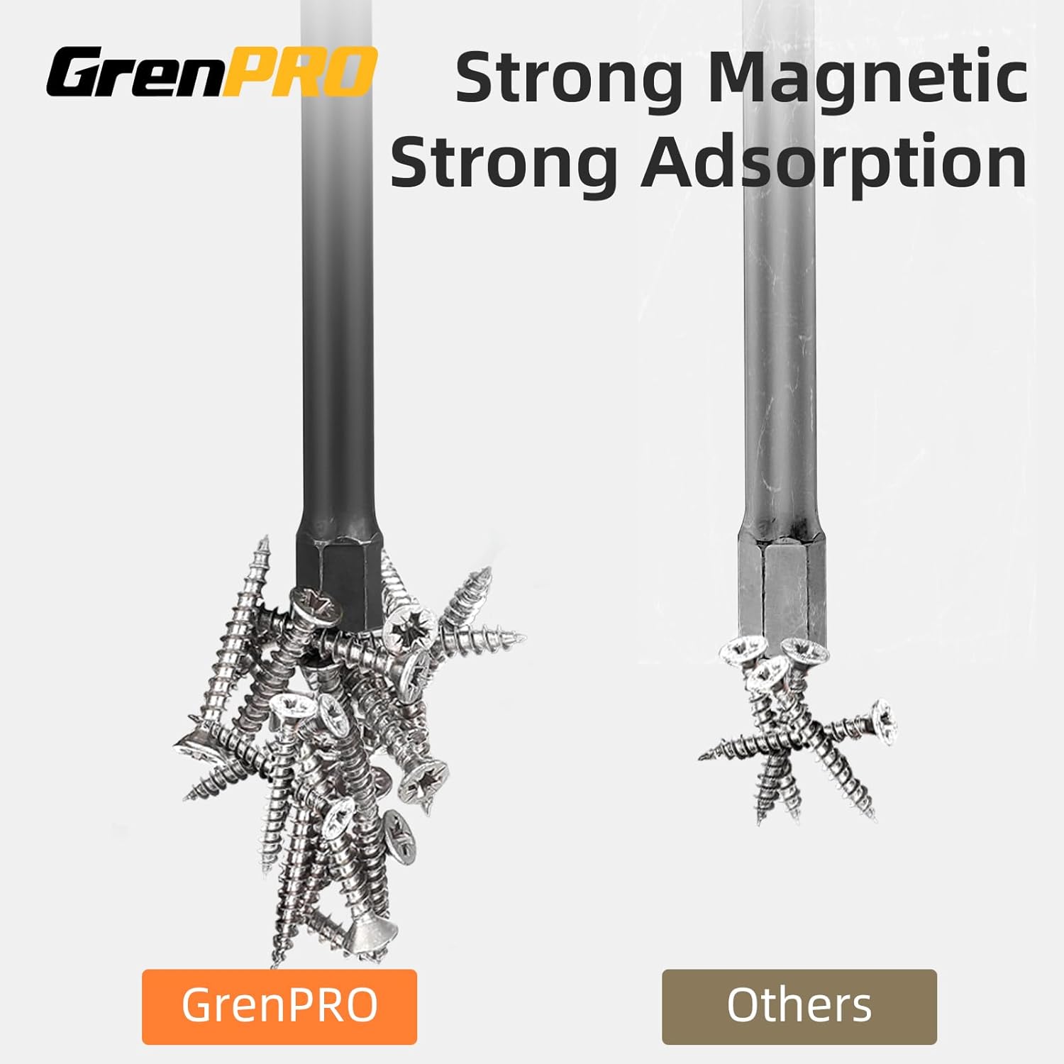 Close up view of the magnetic tips on the GRENPRO Impact Driver Bit Set holding heavy metal screws.