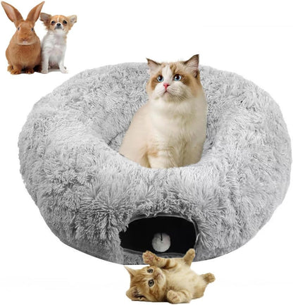 Folded flat pet play tunnel showing portable space-saving design
