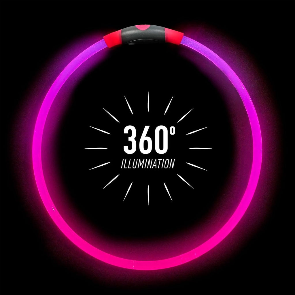 Nite Ize light up dog collar necklace showing 360-degree illumination glow