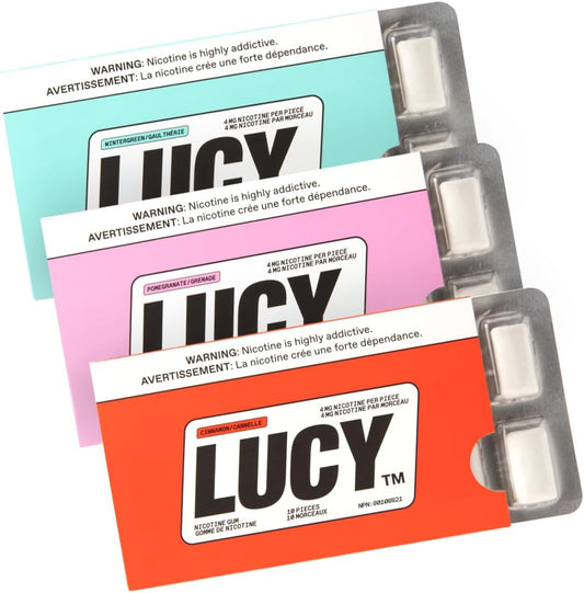 LUCY Nicotine Gum 4mg sample pack front view showing flavored packets