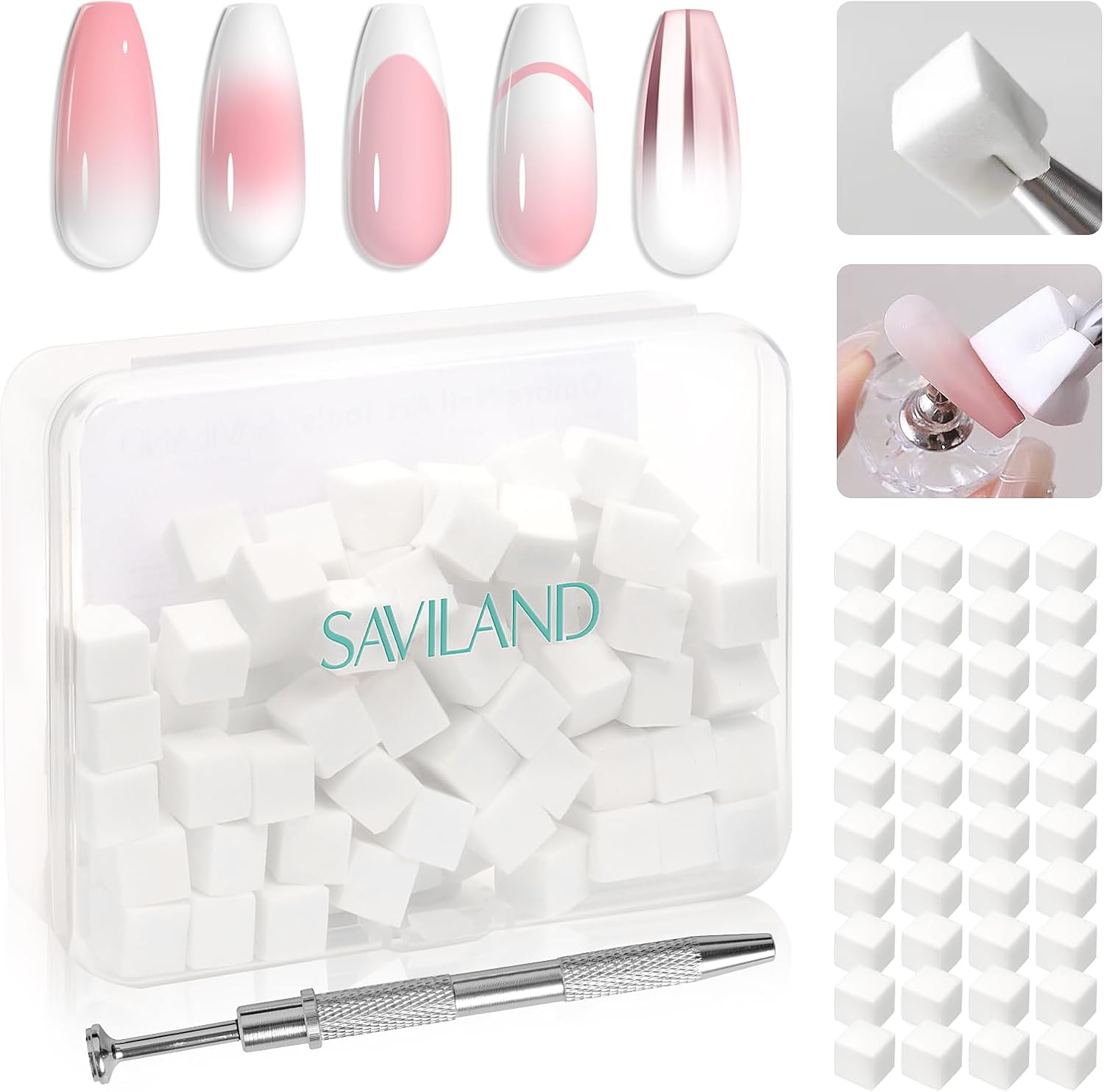 Saviland 100 pieces nail sponges set with grabbing pen front view