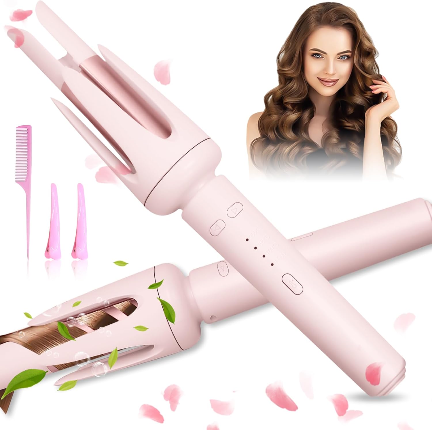 ZQZMZGS auto hair curler front view showing pink barrel and temperature buttons