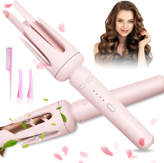 ZQZMZGS auto hair curler front view showing pink barrel and temperature buttons