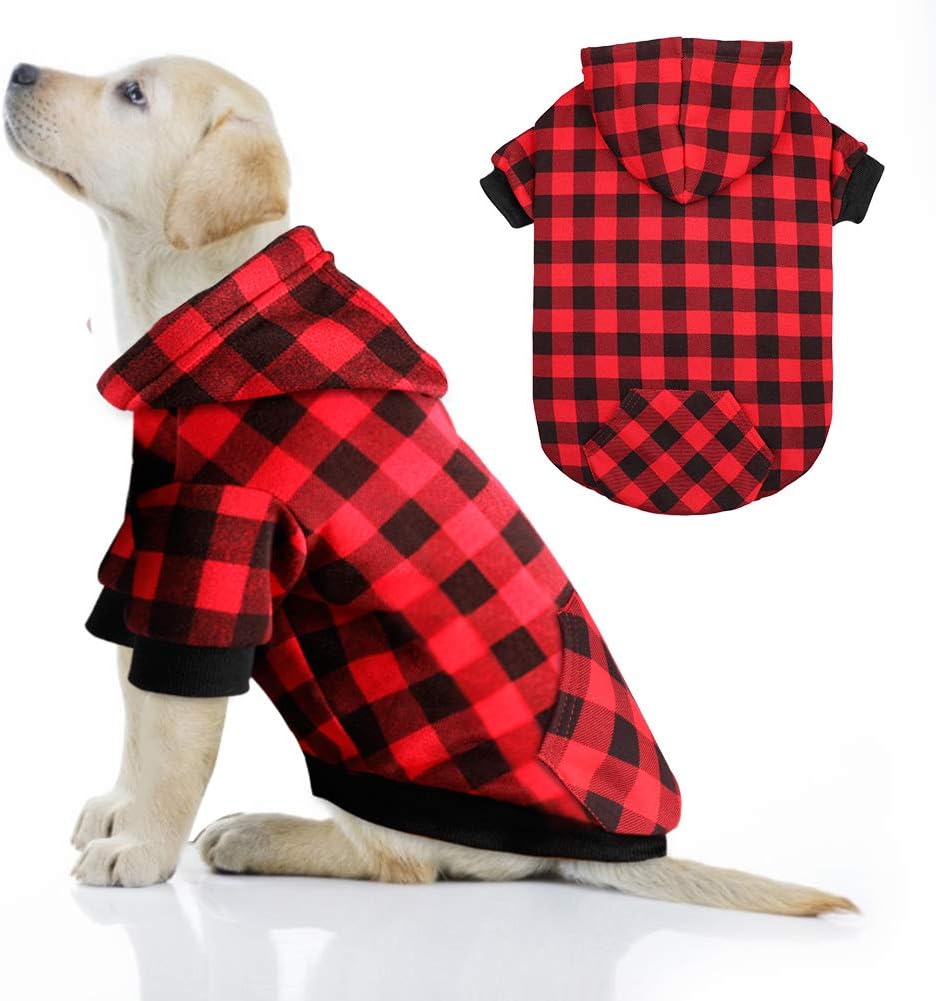 Mtliepte red plaid dog hoodie front view winter pet apparel