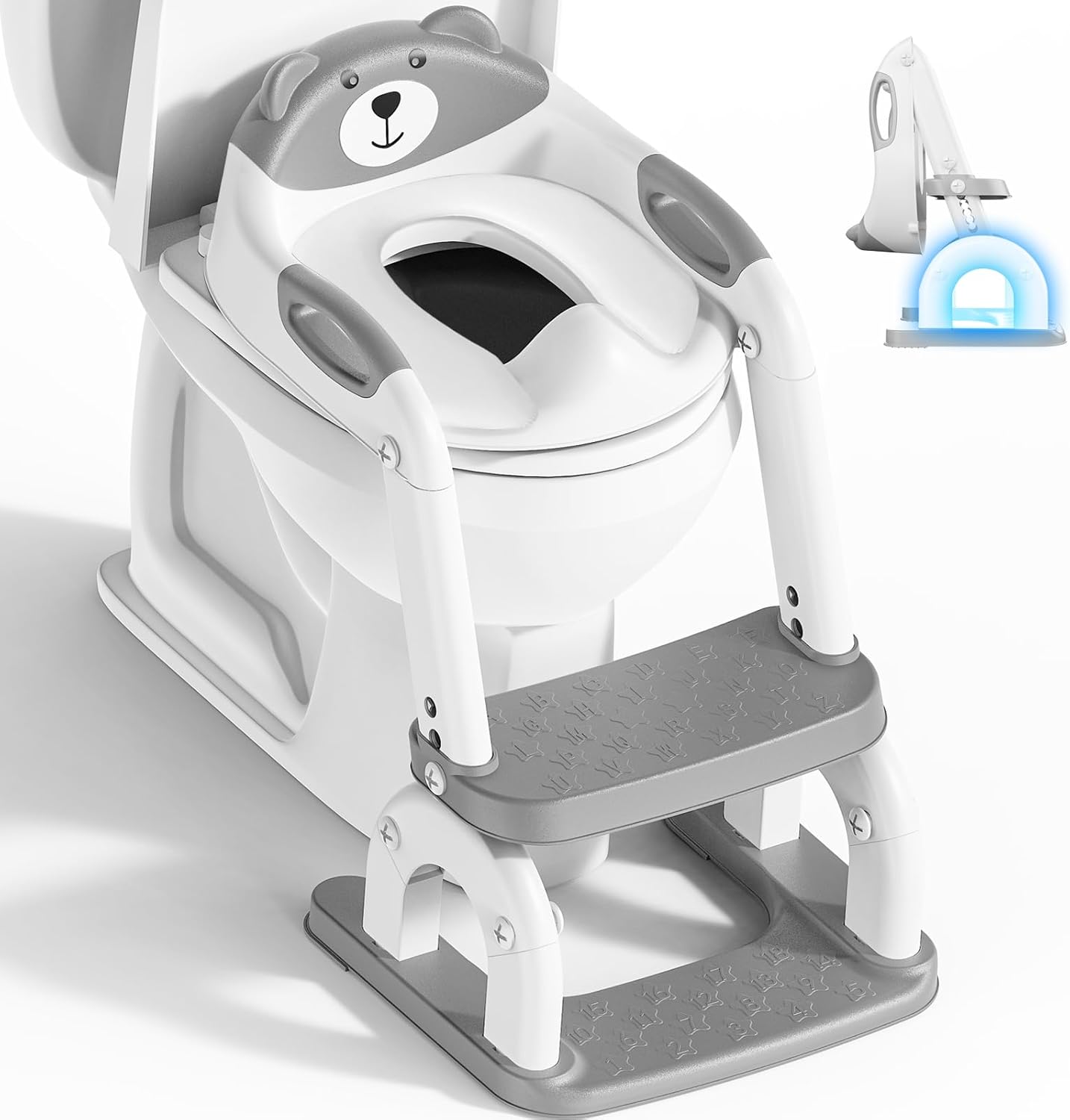KYYOKE kids potty training toilet seat front view with blue and white step stool ladder on western toilet