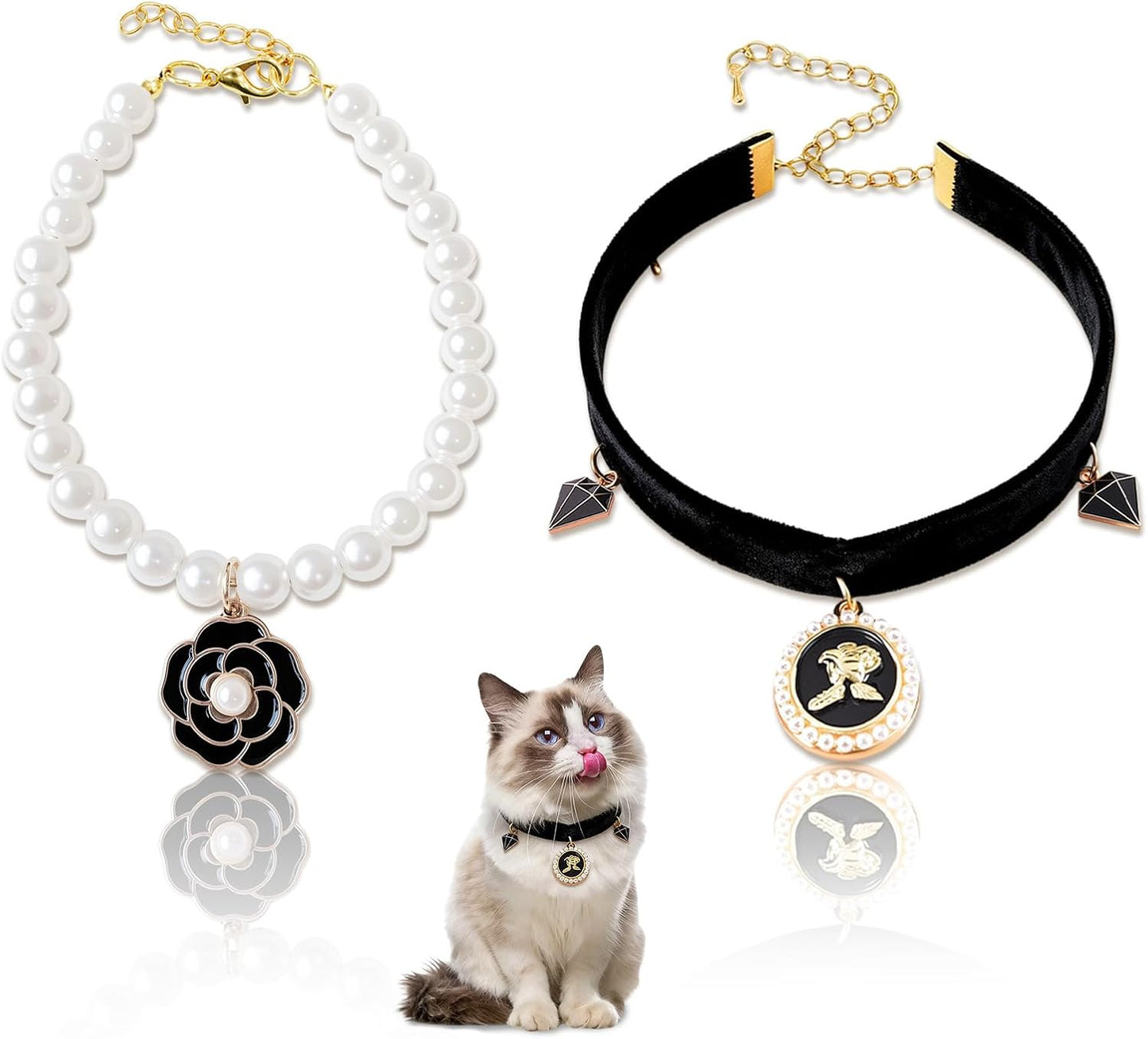 Ganbuyrii luxury pet pearl chain detailing the smooth texture of the imitation pearls.