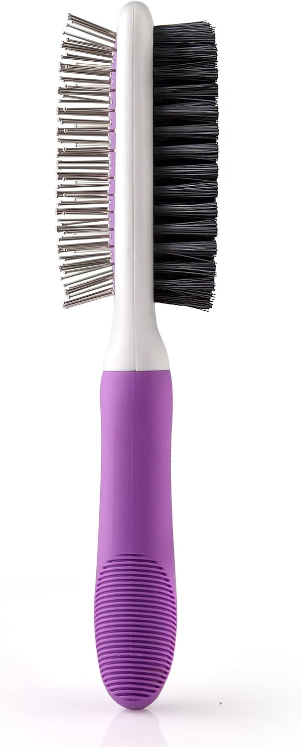 Poodlie double sided pet grooming brush front view showcasing stainless steel detangling pins.