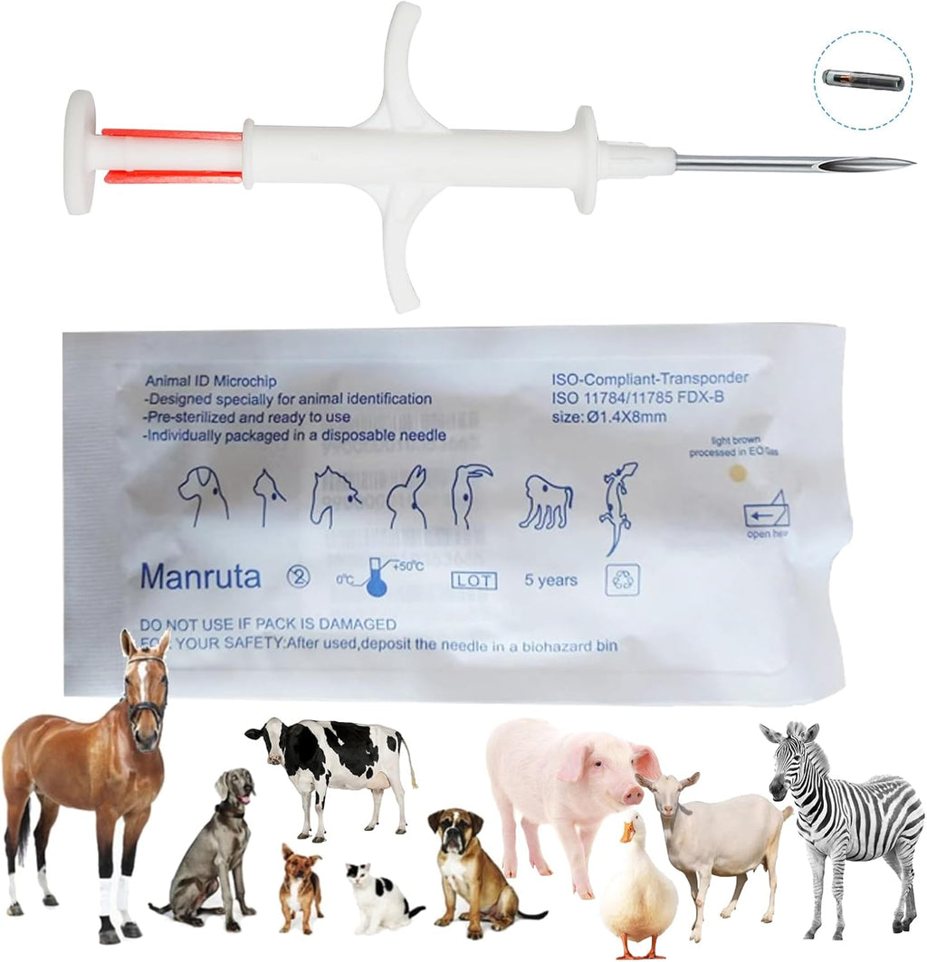 Manruta Animal ID Microchip 20 pack box front view showing sterile packaging