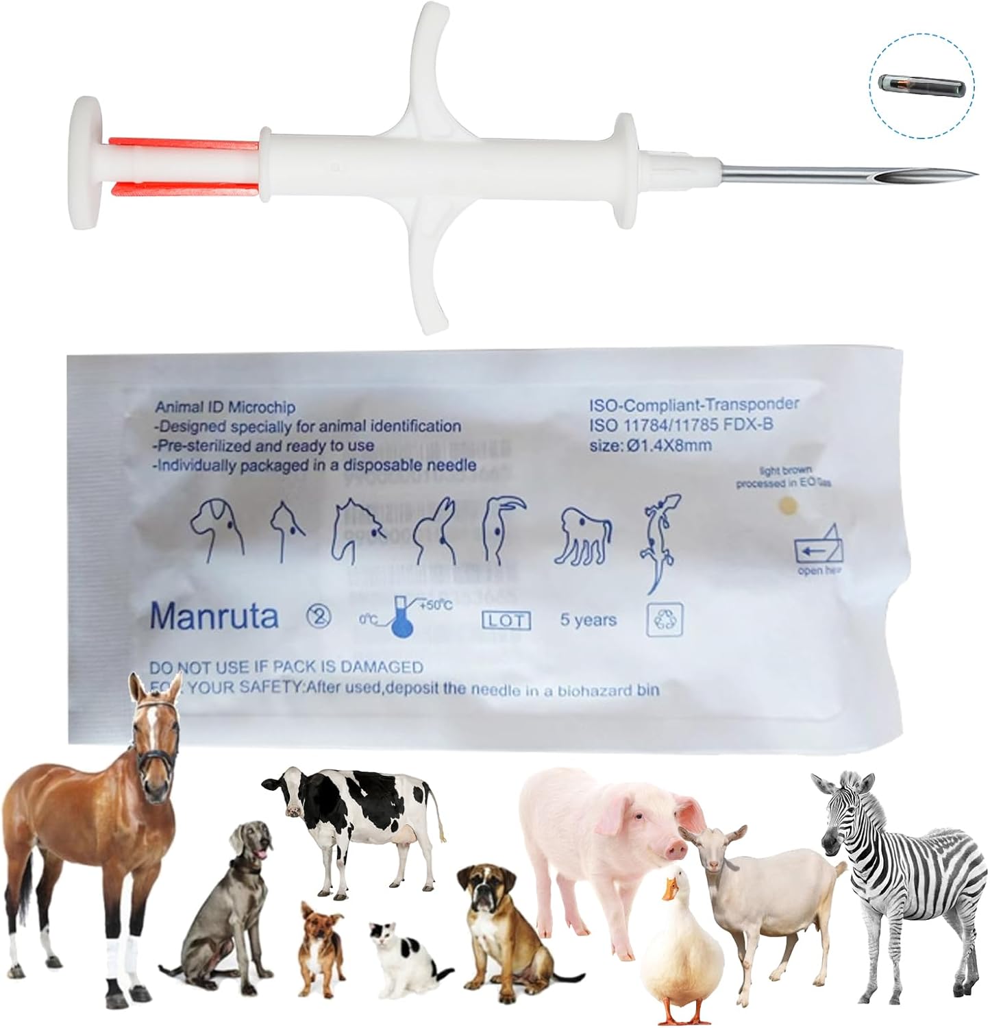 Manruta Animal ID Microchip 20 pack box front view showing sterile packaging