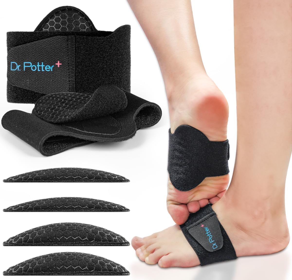 DR. POTTER+ arch support sleeves front view for plantar fasciitis relief