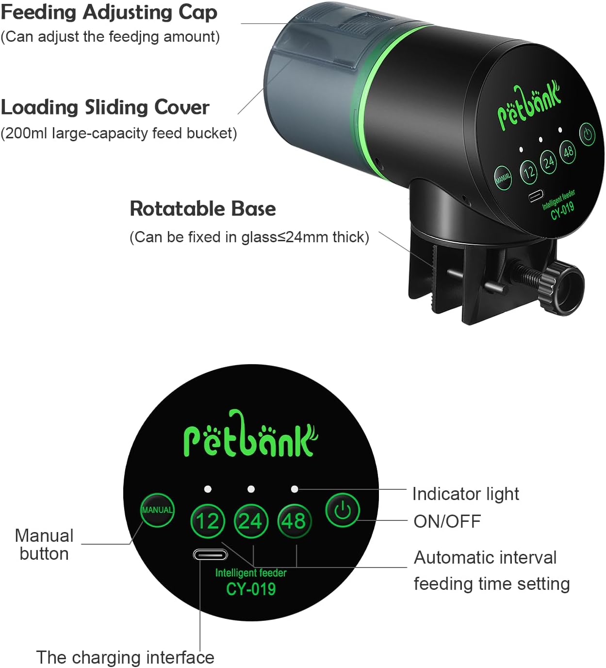Petbank automatic fish feeder packaging and accessories including USB cable and user instruction manual.