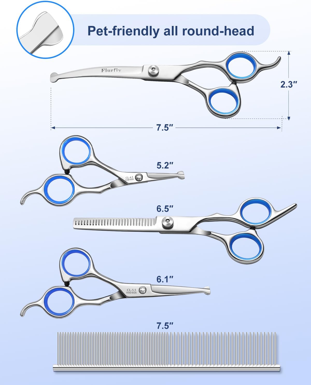 Fiurfiy premium 5CR stainless steel pet thinning shears highlighting the precision teeth for blending thick fur