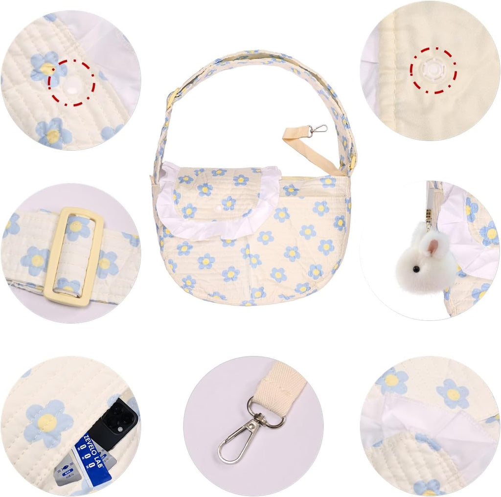 Storage pocket detail on blue daisy pet bag