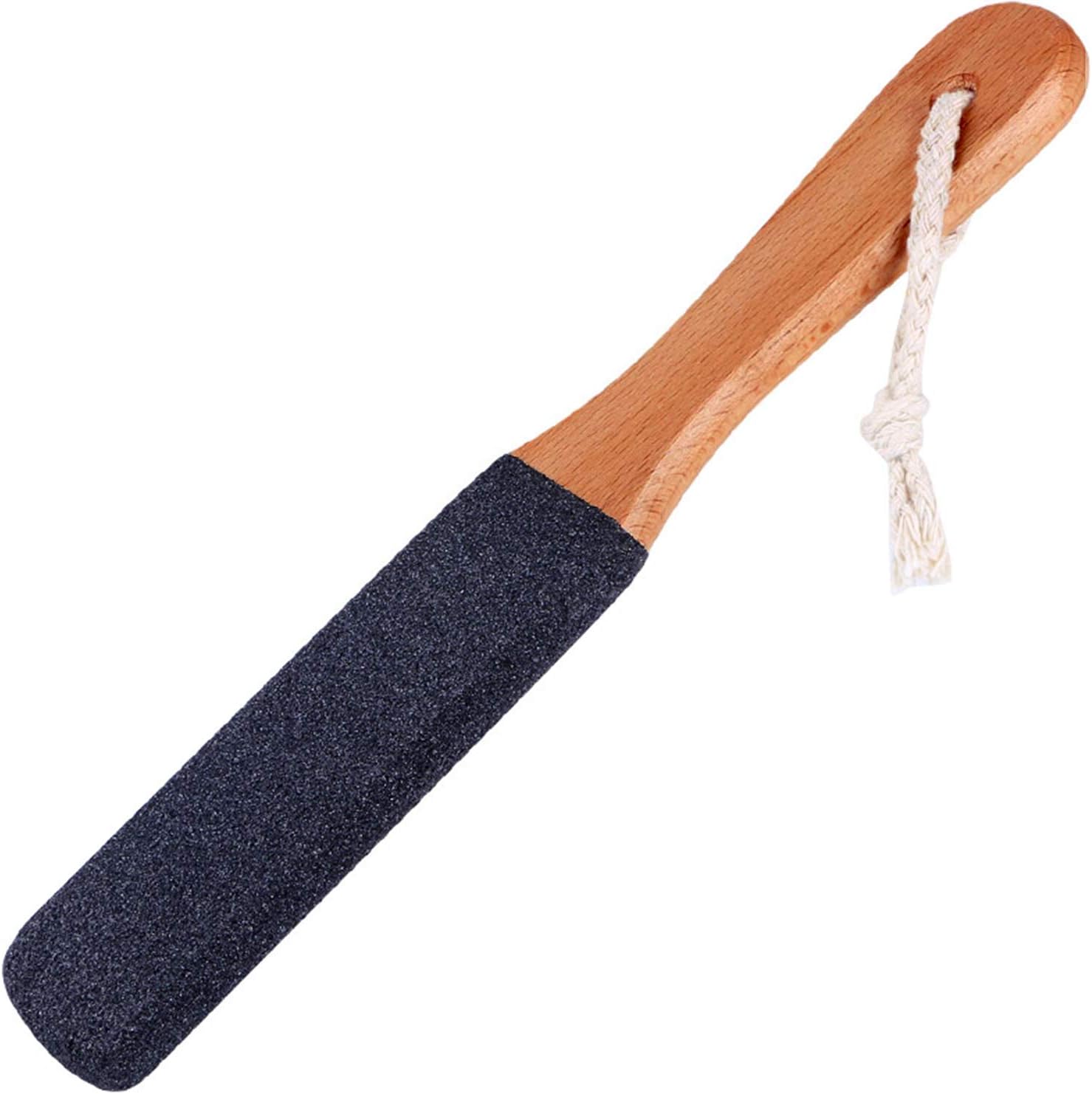 Kinepi professional foot file callus remover front view showing natural beech wood handle and black corundum stone.