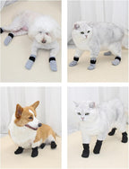 Four pieces of mesh dog shoes displayed with frosted storage pouch.