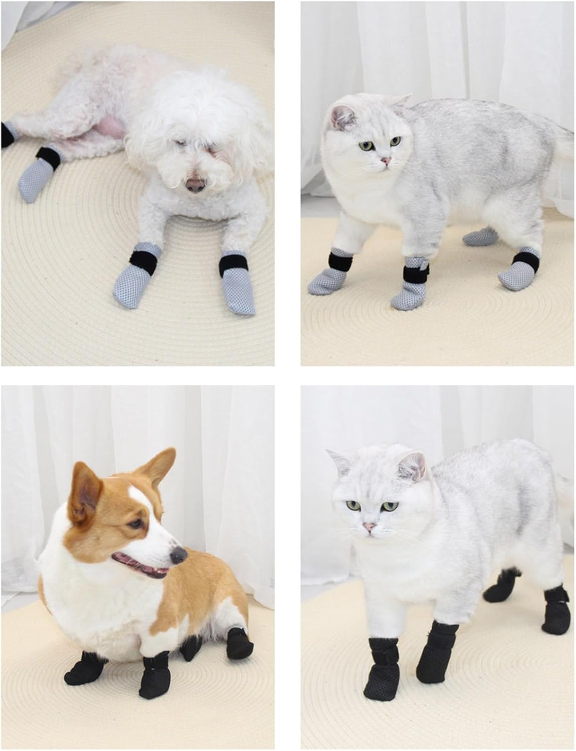 Four pieces of mesh dog shoes displayed with frosted storage pouch.