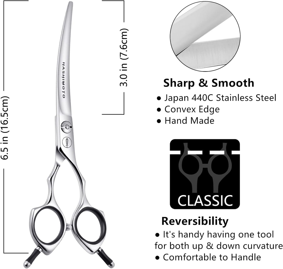 HASHIMOTO curved pet shears close up on 30 degree curved stainless steel blade