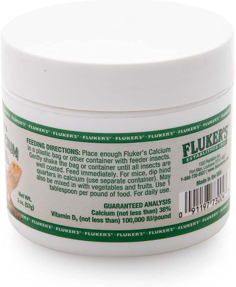 Fluker's 4 ounce calcium supplement bottle with pet care icons visible