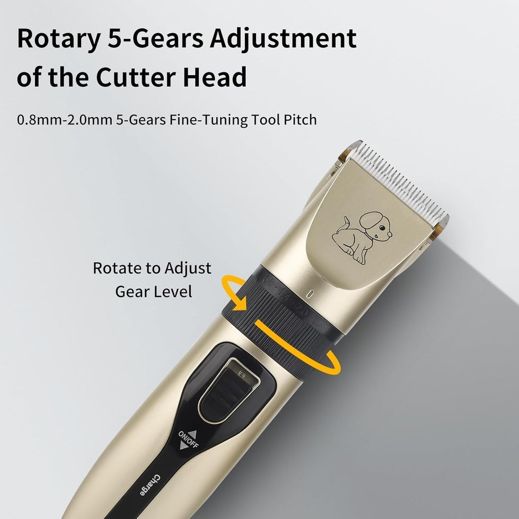 FuzzyFix cordless pet hair trimmer with four detachable guard combs.