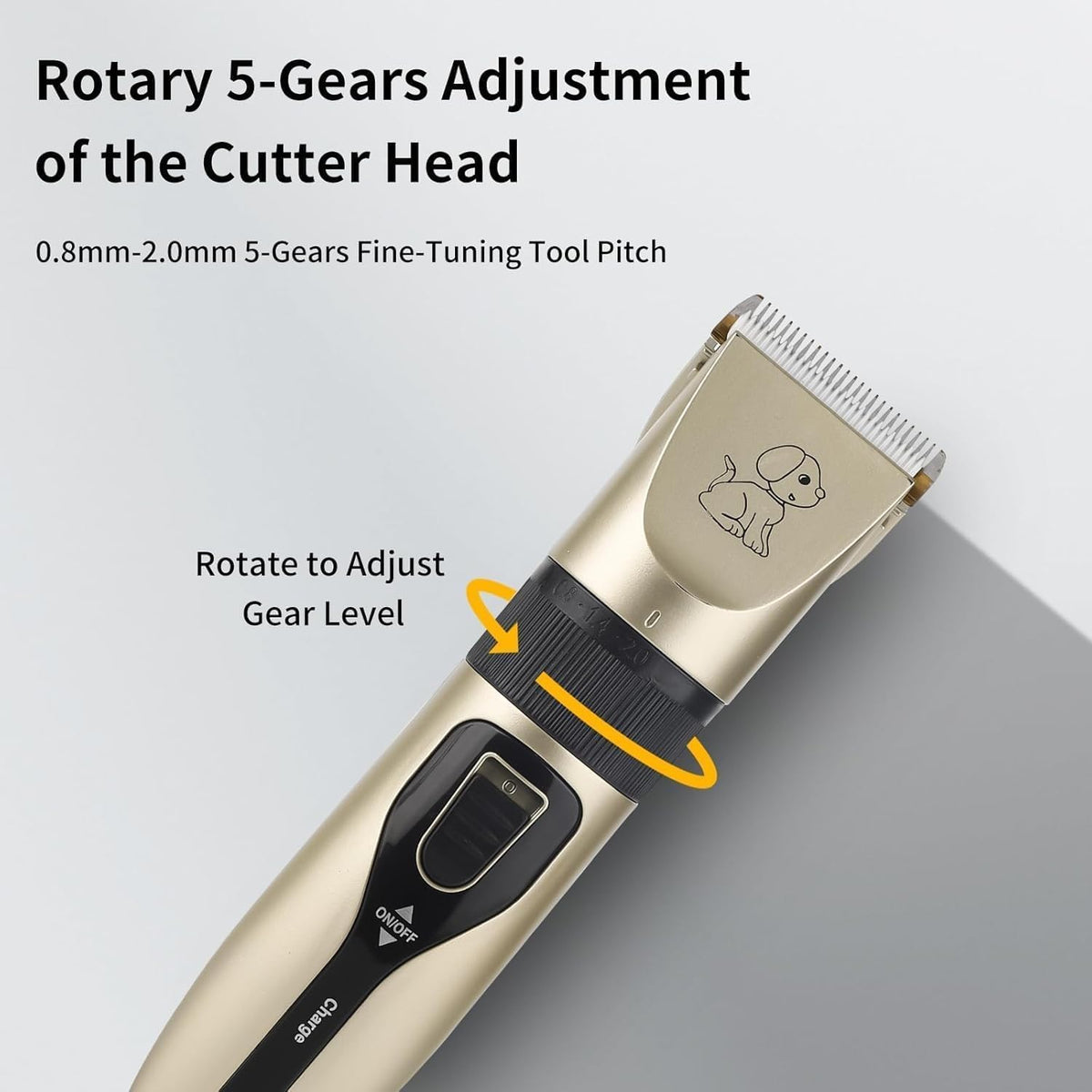 FuzzyFix cordless pet hair trimmer with four detachable guard combs.
