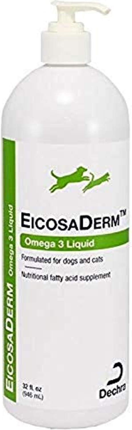 Dechra EicosaDerm veterinary skin support formula bottle sitting on a table