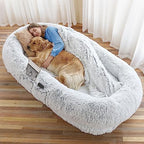 WROS Human Dog Bed - 71"x45"x12" Fits You & Pets, Washable Faux Fur, Orthopedic, Plump Pillow, Blanket, Strap - Grey - Image 2