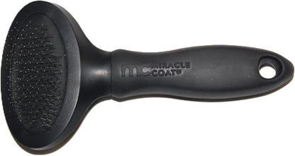 Miracle Care pet grooming brush side profile detailing the plastic and sanoprene handle grip.