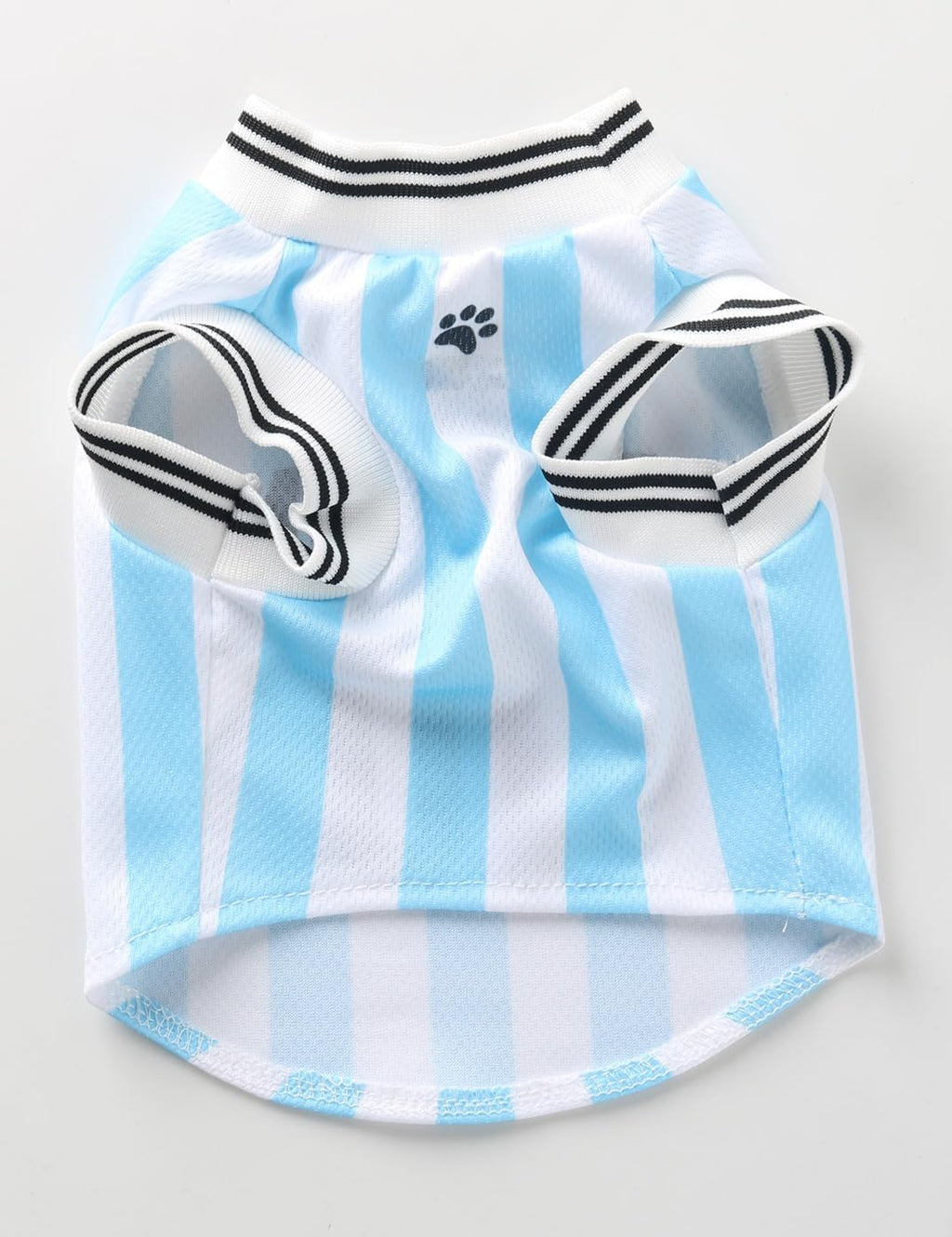 Blue and white striped dog football jersey with number 10